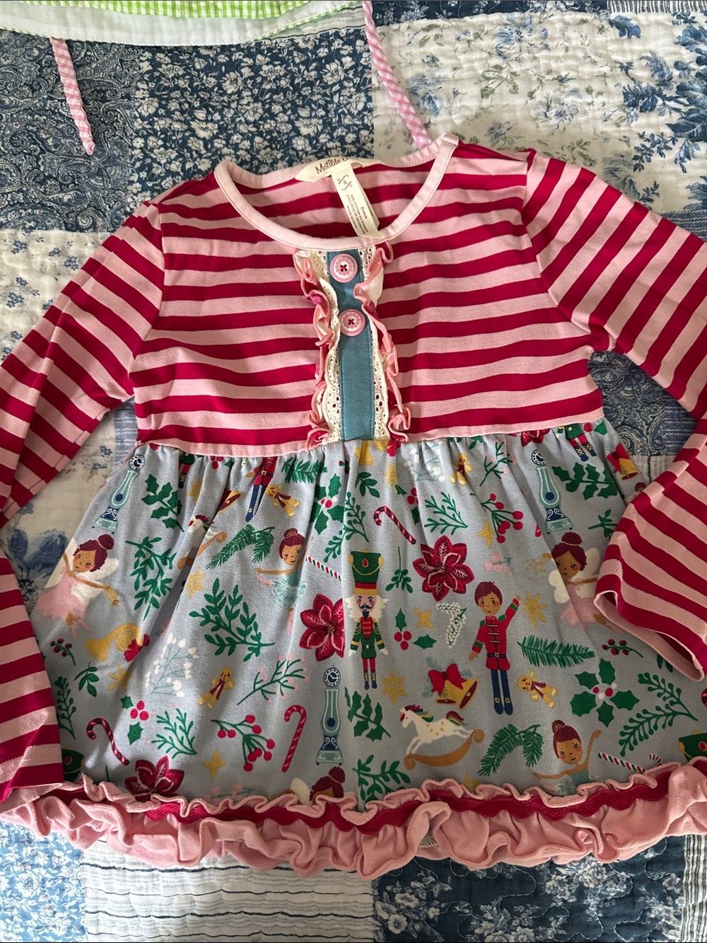 Matilda Jane Light Blue Holiday Nutcracker Print top with Pink Trim